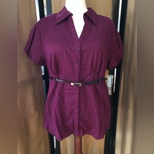 Cotton Plum V-Neck Collar w Belt Puff Sleeve Blouse